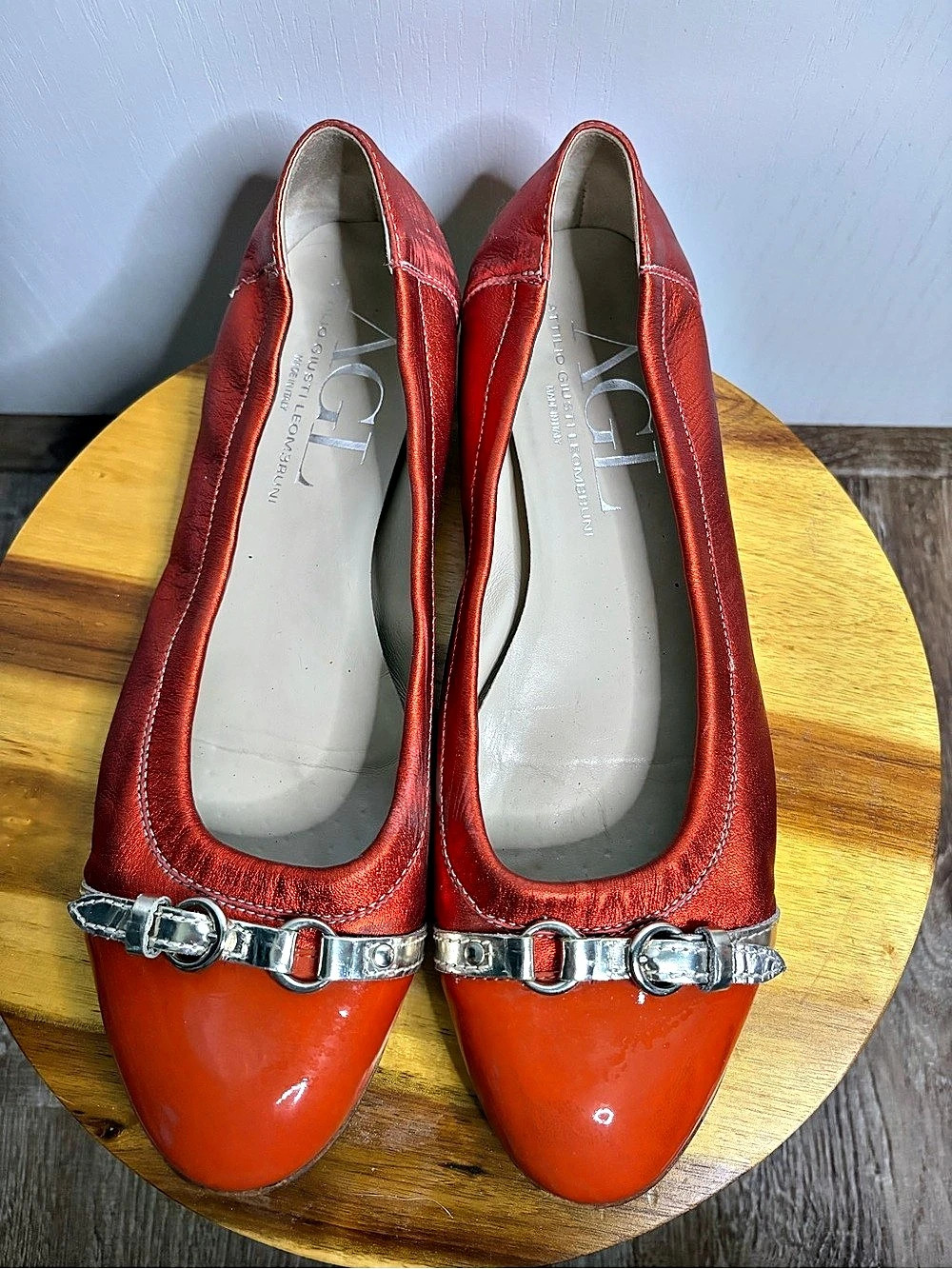 AGL Sz 11.5 Monika Red Metallic Leather w/Patent Toe Silver Band Buckle Luxury